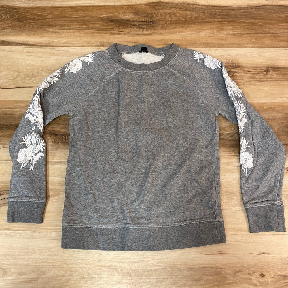 J Crew Sweatshirt Womens‎ XXS Embroidered Floral Sleeves Crewneck Long Sleeve